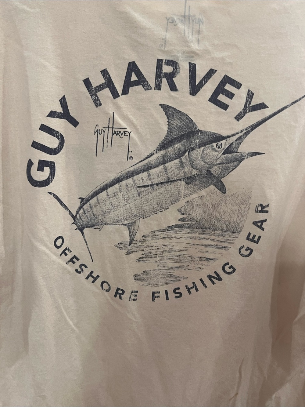 Guy Harvey Beige Short Sleeve Pocket Tee with Navy Marlin Graphic